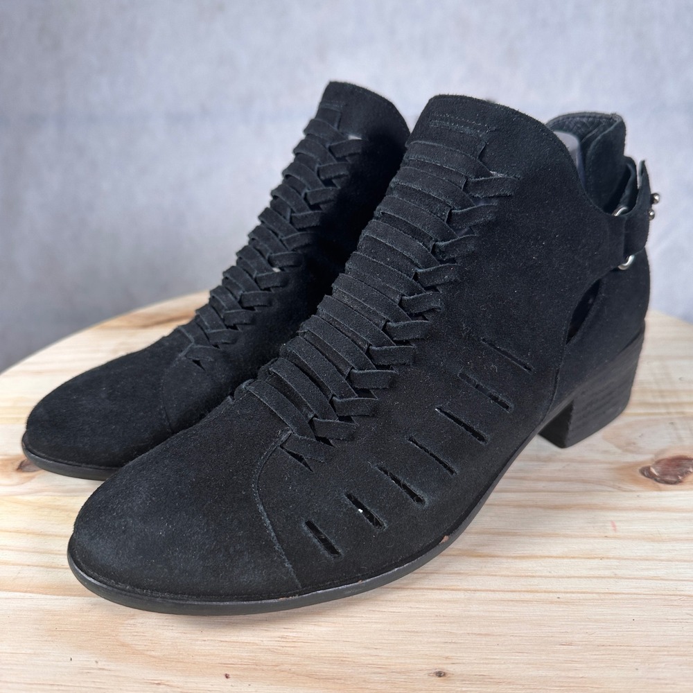 Sam Edelman Woven Suede Ankle Booties Womens 8.5 Black Good Cutout Low Heel